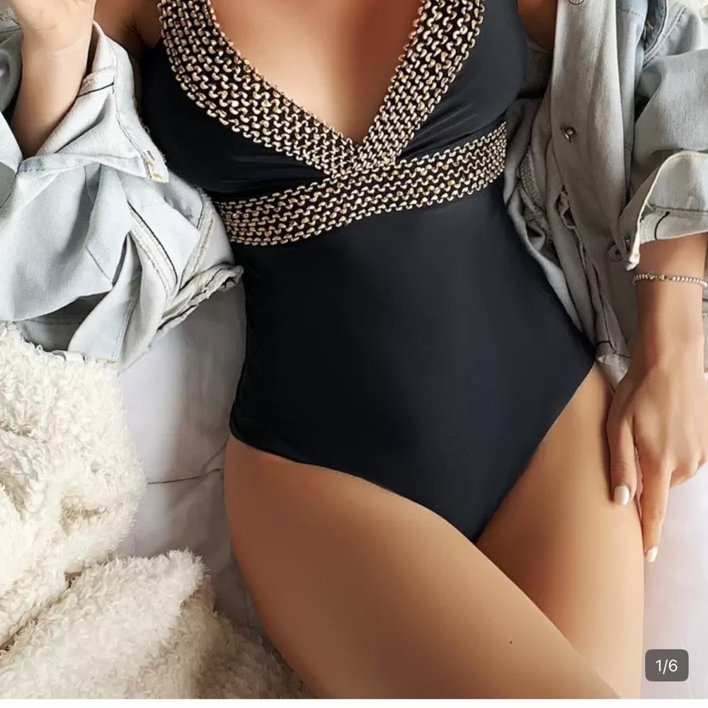 SHEIN Black One-Piece Swimsuit with Gold Chain Detail